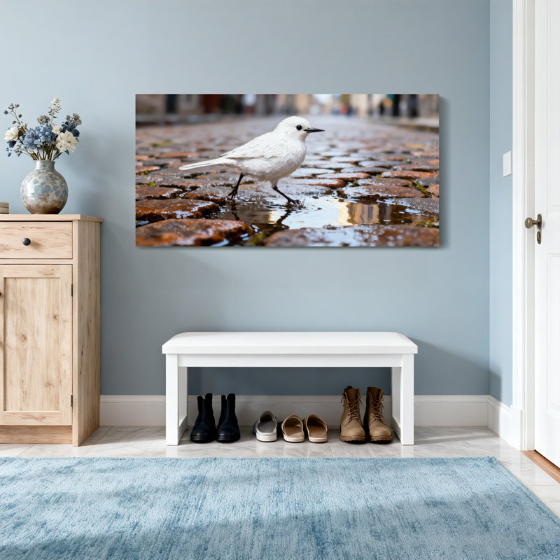 Animaux, oiseau blanc sur un chemin pavé avec reflet de flaques d'eau, H 16 po x l 32 po