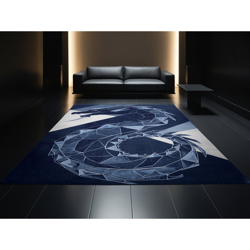 Machine Washable Peirsen Dragon Modern Geometric Rug in Blue – Navy Binding, 4x6