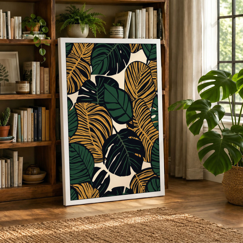 Tropical Leaf Pattern Botanical - Wrapped Canvas, 36x24 - 91.4 x 61.0 cm, Black Border
