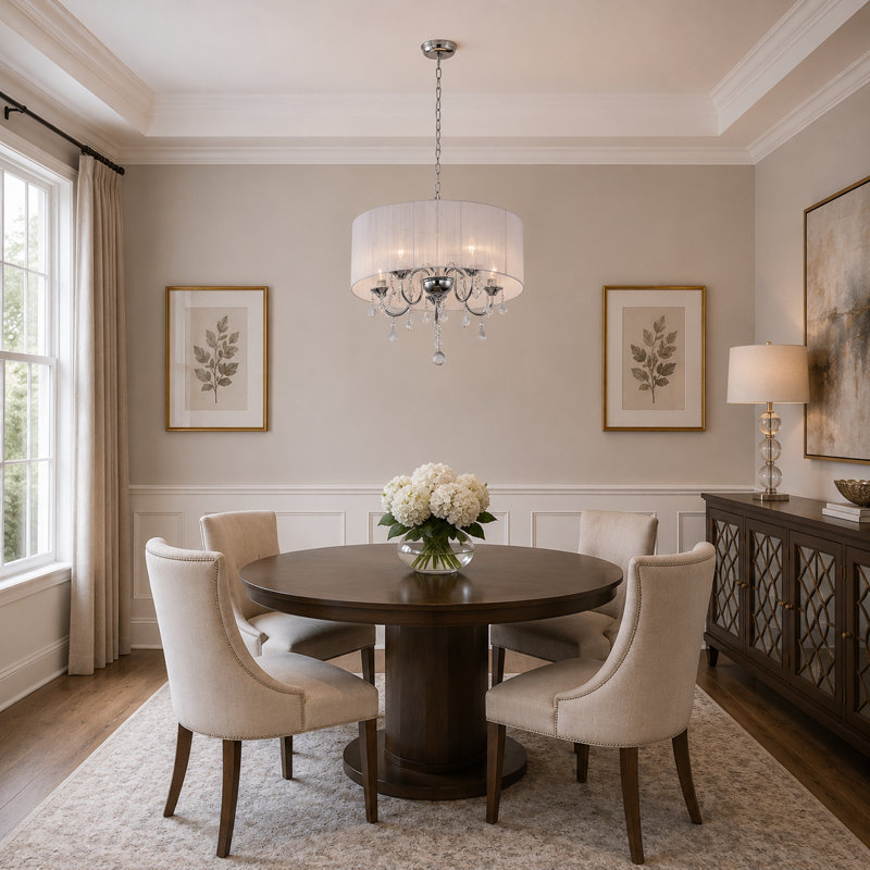5-Light Chrome Chandelier With Clear Crystals And A White String Shade