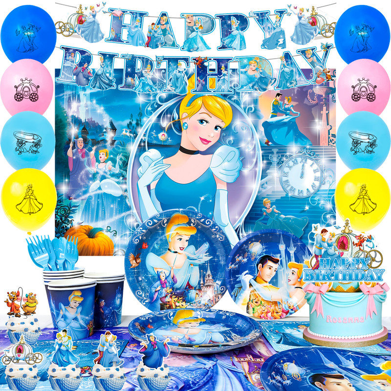 Décorations de fête d'anniversaire Cendrillon, ensemble de 112 articles de fête Cendrillon et ensemble de vaisselle pour enfants Cendrillon