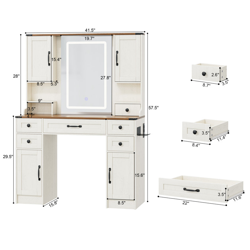 Coiffeuse à maquillage moderne à DEL avec prise de courant - coiffeuse à deux tons 41,5 po avec armoires latérales, 6 tiroirs et porte-séchoir pour chambre à coucher