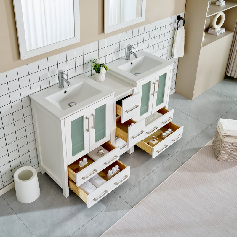 60" Double Bathroom Vanity Set with Mirror, White