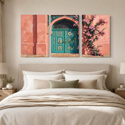 Ensemble de 3 toiles ornées de bougainvilliers roses sur fond bleu sarcelle