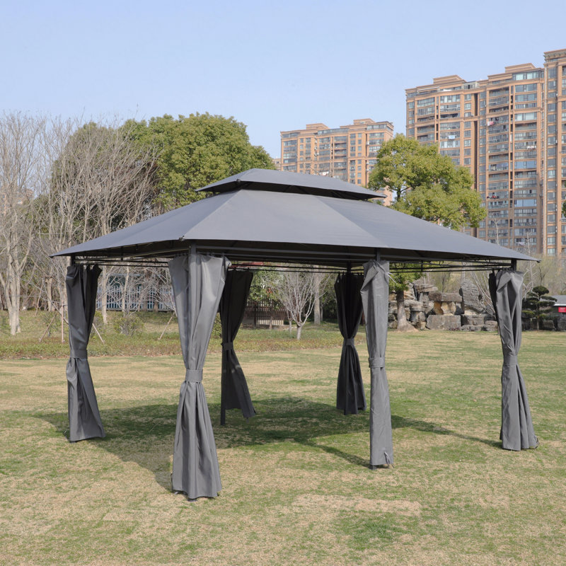 13X10FT Gazebo, For Outdoor Use With Double Vented Roof & Curtains (GREY), Gray