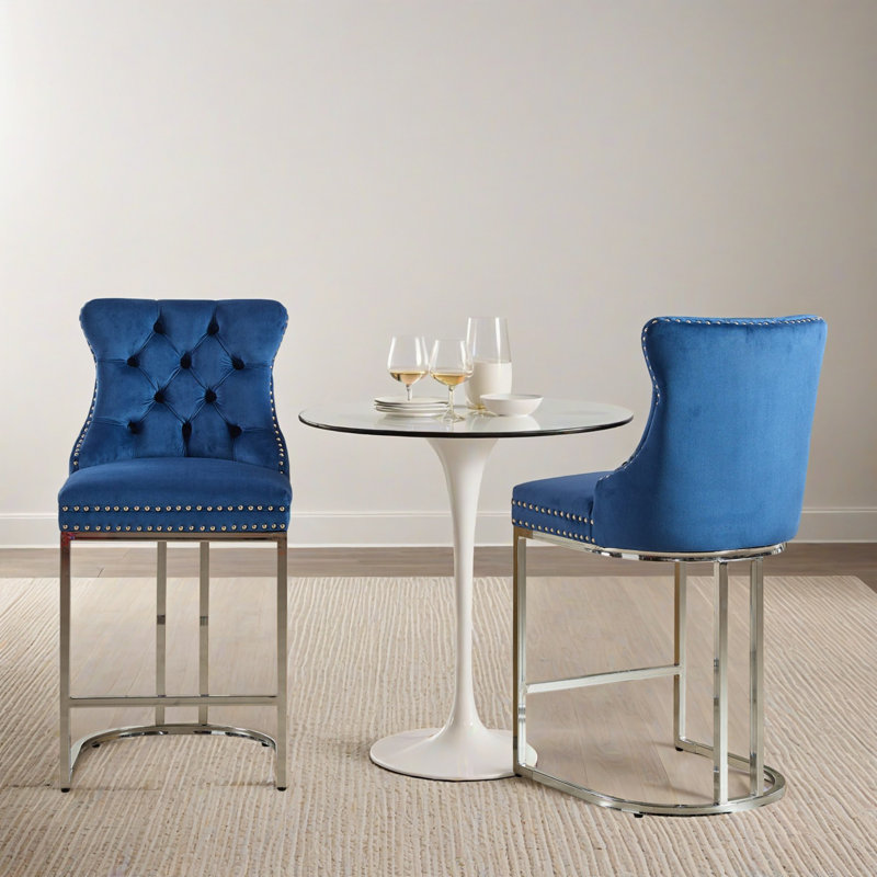 Tabourets de bar modernes à hauteur de comptoir en velours, tabourets de bar rembourrés avec base chromée (ensemble de 2)