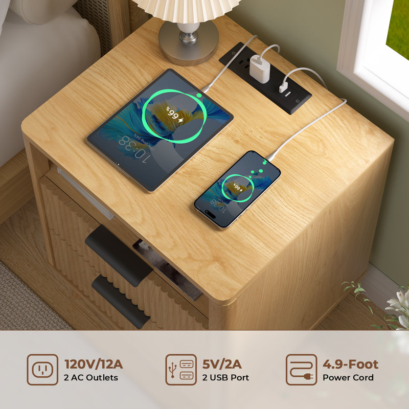 17.7'' W 2-Drawer Nightstand with Charging Station, Fluted Bedside Table with Open Cubby