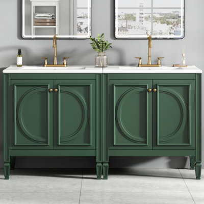 Meuble-lavabo de 60 pouces, lignes de porte à saillie rétro, lavabo en bois massif et en céramique avec trop-plein en métal, armoire de rangement à deux niveaux avec tiroir réglable, design élégant, construction, lavabo lisse,