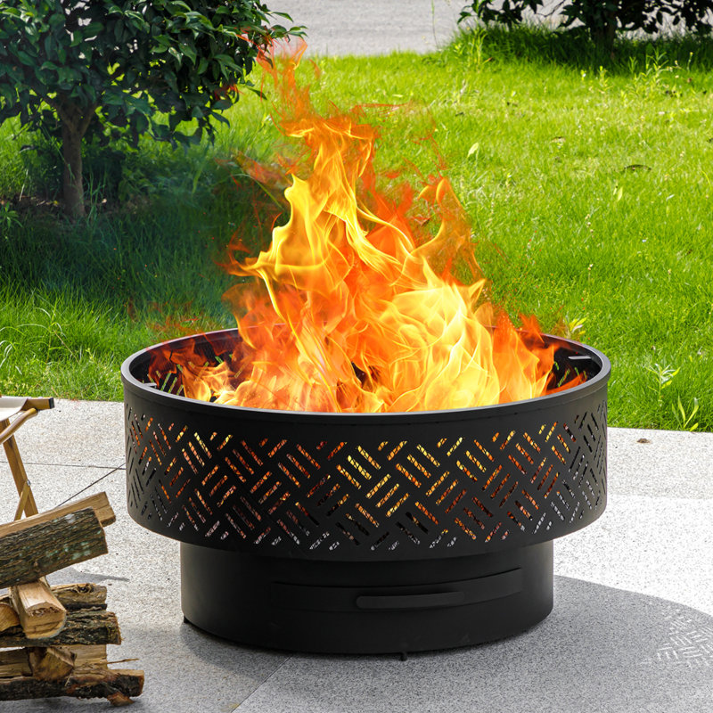 Darek Outdoor Fire Pit Table with Grill & Lid, 17" H x 32" W x 32" D, Oak/Black