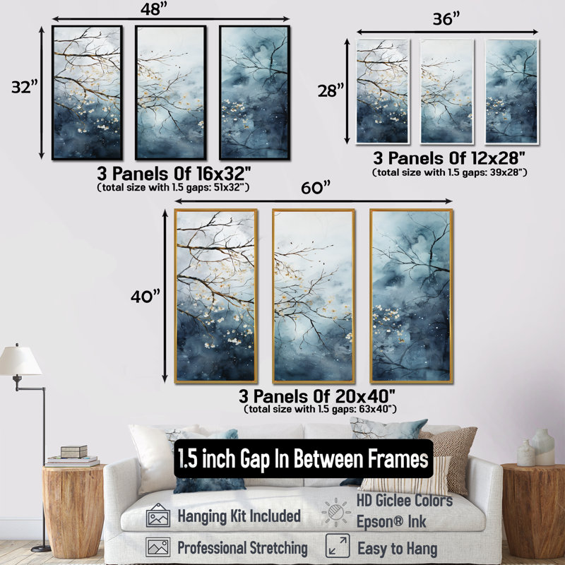 «Winter Tree Minimal Landscape II - Snow», ensemble d'art mural, Cadre flottant blanc, H 32 po x l 48 po x P 1 po
