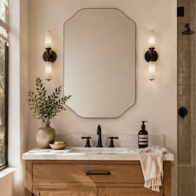 Kudi Scalloped Oil Rubbed Bronze Bathroom Mirror Decorative Oil Rubbed Bronze Metal Framed Irregular Bathroom Vanity Mirror Wall Mounted 32 x 24''