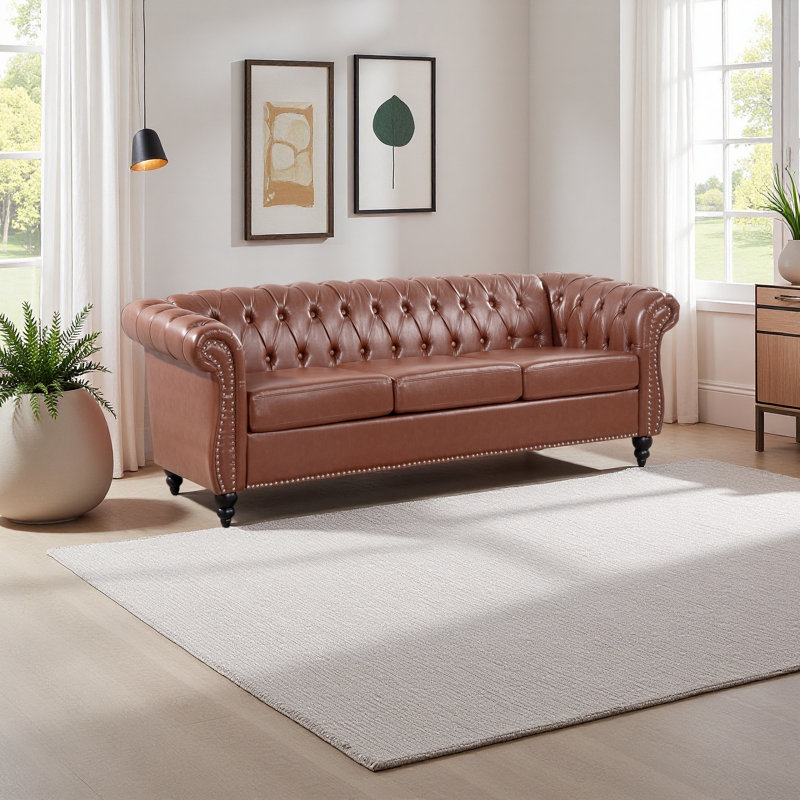 Canapé Chesterfield à accoudoirs roulés 3 places 84,65 po, Brun