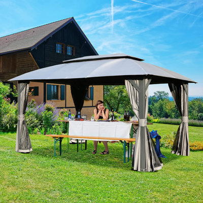10X14ft Outdoor Gazebo - Grey. Double Roof Design, Netting. Steel Frame. Fabric. For Patio, Backyard, Deck Canopy, Ventilation, Heavy Duty Metal . Spacious For 6-8. Use