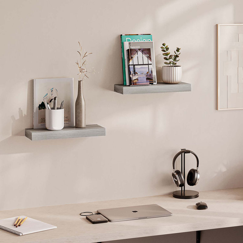Sydney 16" W x 6" D Floating Shelves Set with Invisible Wall Mount Brackets, Grey Oak