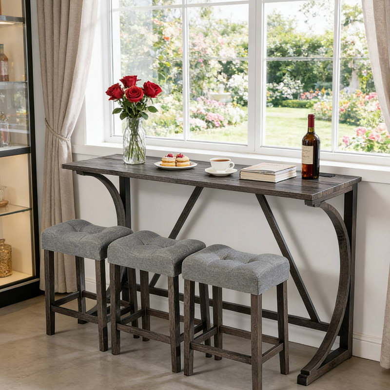 Ensemble de bar 4 pièces gris foncé chic avec prise de courant, 3 tabourets rembourrés pour salle à manger, Gris