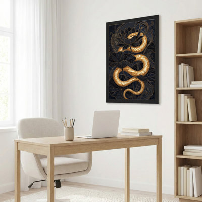 Black Wood Framed，Canvas Wall Art for Living Room, Bedroom, Office or Entryway – Decorative Wall Decor with Golden Snake