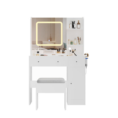 Bureau de coiffeuse avec miroir, 3 tables de maquillage avec station de charge, 3 tiroirs, 3 tablettes ouvertes et une armoire, coiffeuse moderne pour la chambre à coucher, studio de maquillage