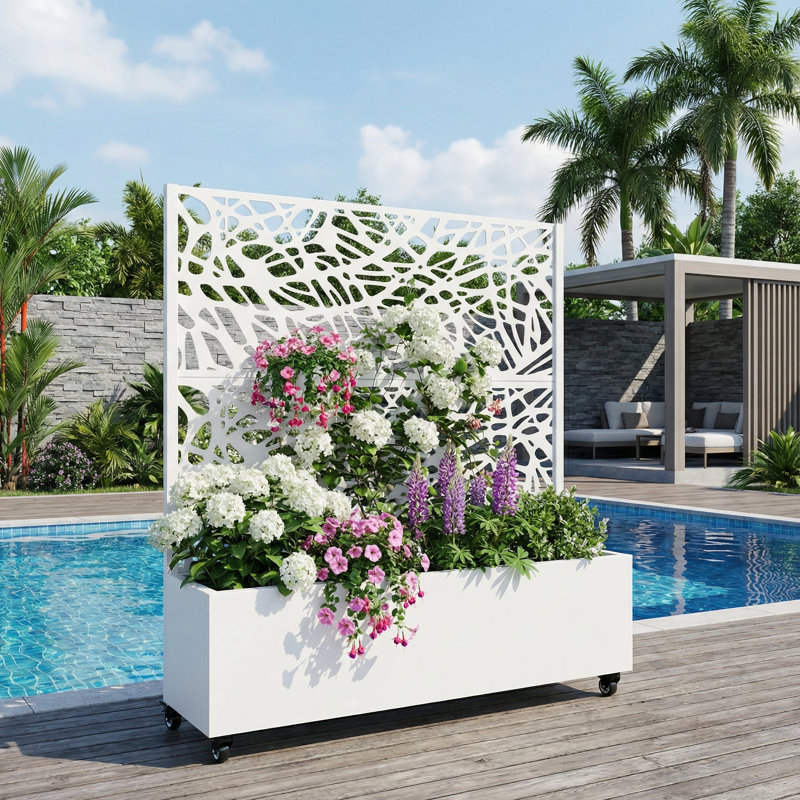 Boîte à fleurs en métal avec treillis et roues, H 47 po x l 47 po x P 16 po, White