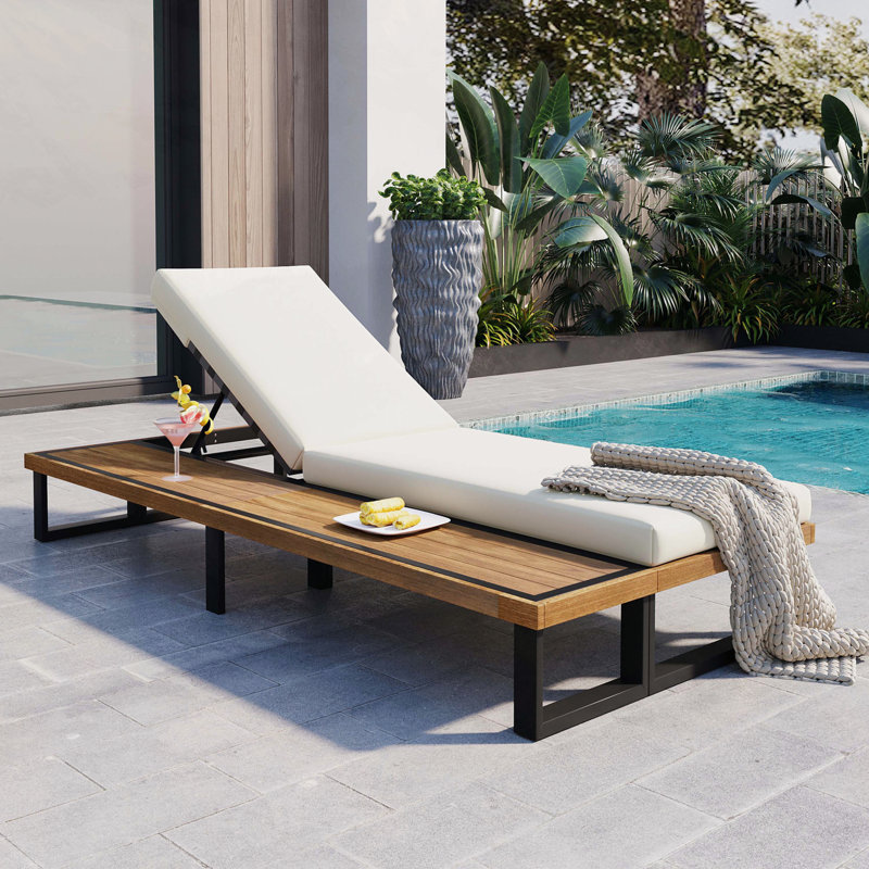 Outdoor Chaise Lounge Chair with 5-Position Adjustable Backrest, Reclining with Cushion, Patio Lounger with Wood Side Table, Sturdy Frame for Poolside, Garden, and Backyard