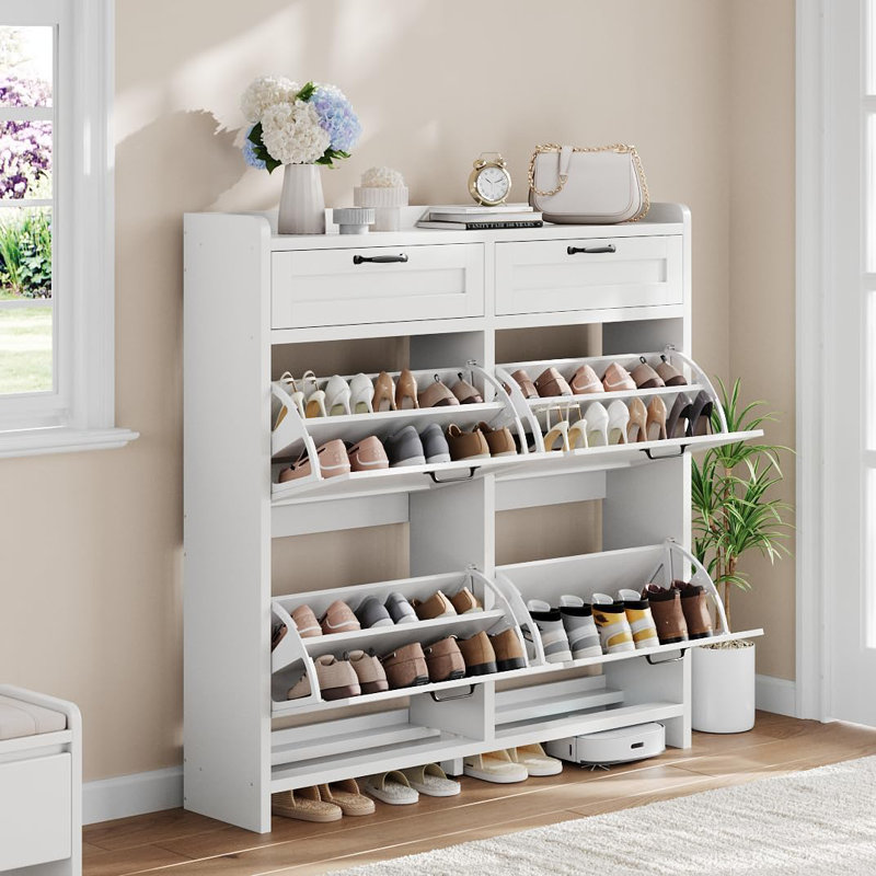 4-Tier Large Shoe Storage Cabinet with 2 Flip Drawers & Top Drawers, Freestanding Shoe Organizer for Entryway, Hallway, White