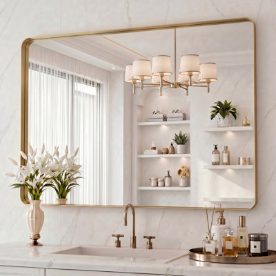 Miroir de salle de bain rectangulaire arrondi de 1,18 po avec cadre en alliage d'aluminium et verre trempé de qualité supérieure Lunara
