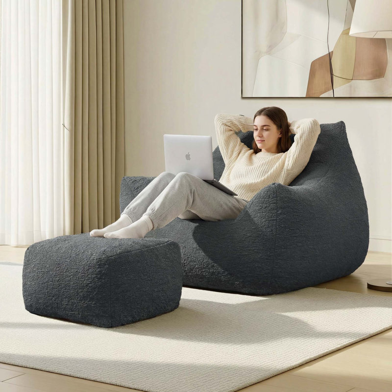 Extra-Wide Bean Bag Chair With Ottoman, Gray Polyester 