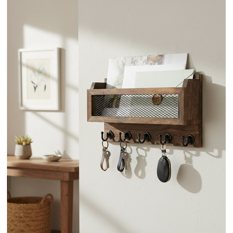 Wood Wall Organizer with Key Hooks, Brown