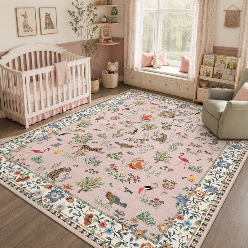 Tapis lavable antidérapant à motifs animaux et végétaux, Rose, Rectangle 5 pi x 7 pi