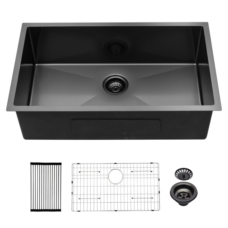 Évier de cuisine encastrable 32 po - 32 po x 19 po x 10 po - Évier de cuisine noir encastrable noir de calibre 16 - Évier de cuisine à cuve simple de profondeur 10 pouces