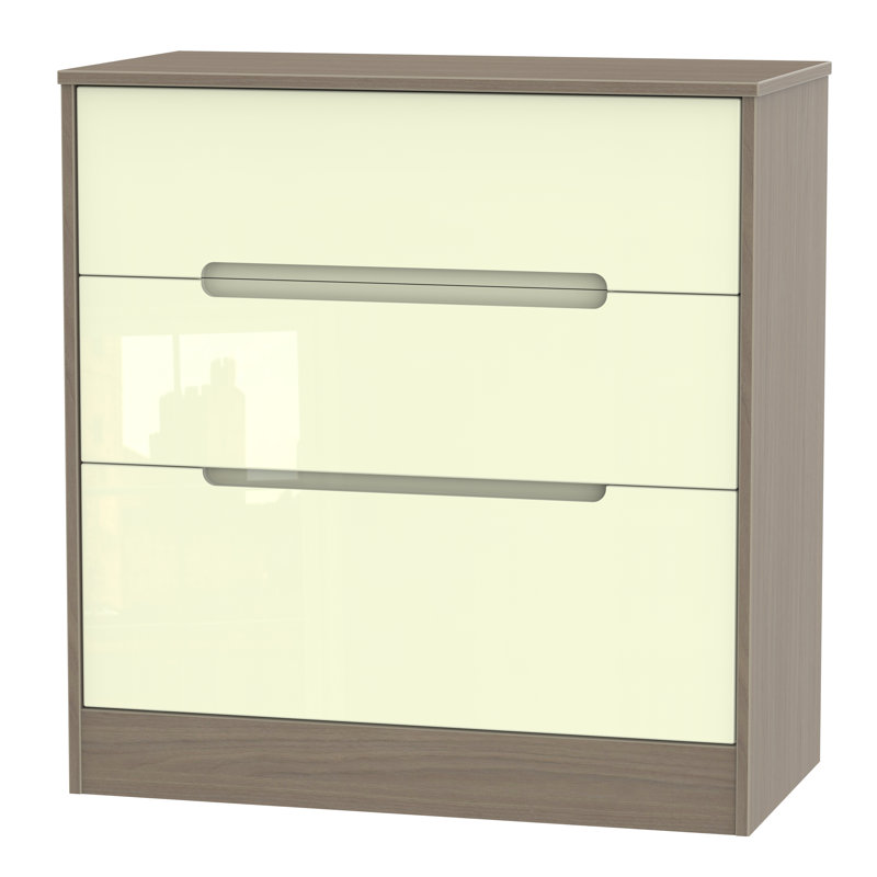 Fully Assembled Vernon 3 Drawer Chest, Cream Gloss/Toronto Walnut