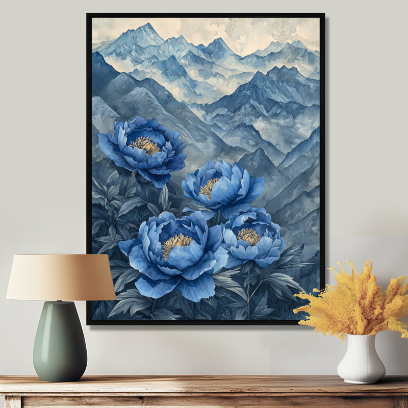 Grandes pivoines dans les montagnes lointaines II - pivoines, H 32 po x l 24 po, Impression encadrée sans passe-partout, Noir