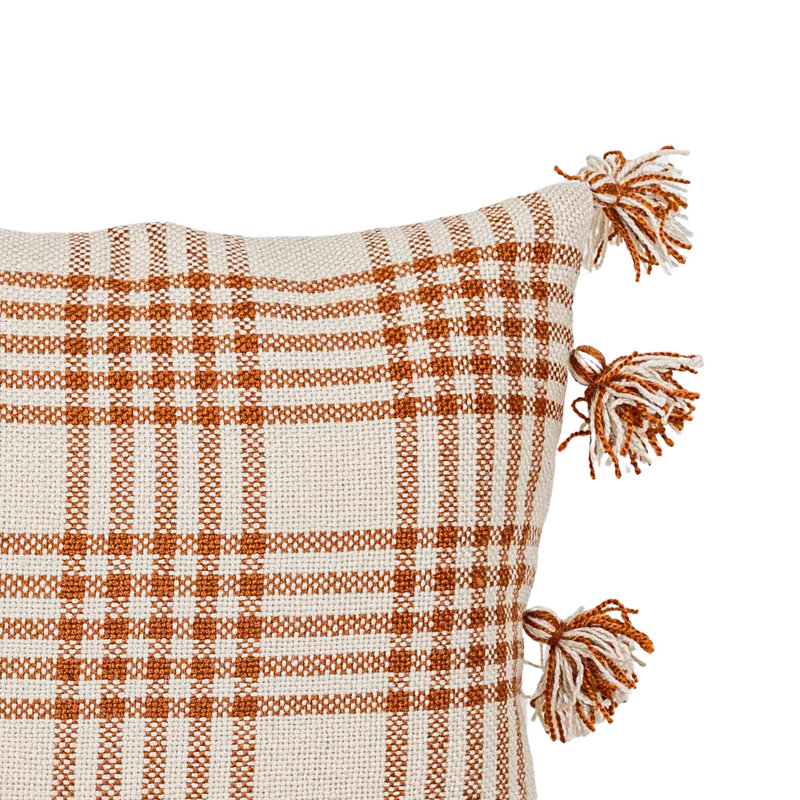 18x18 Inch Rust Plaid Outdoor Throw Pillow with Tassels