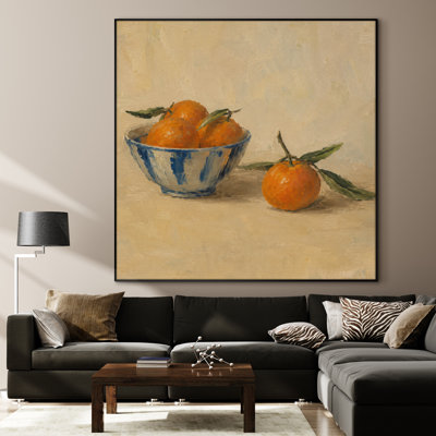 Extra Large Wall Art Fabric Print - Still Life Oranges in Blue Ceramic Bowl for Living Room or Bedroom - "Frame Assembly Required (Unfinished Frame)"