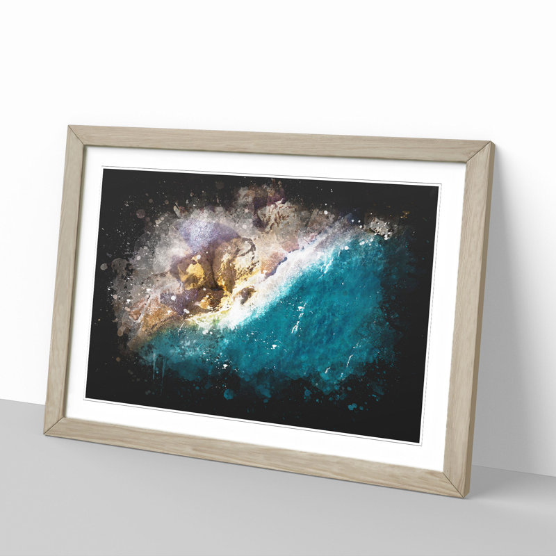 Shoreline in Rhodes in Greece Paint Splash - Picture Frame Graphic Art, 36cm H x 48cm W x 2cm D, Oak