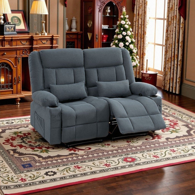 Causeuse inclinable manuelle avec porte-gobelets et poche latérale, revêtement en tissu de qualité supérieure, Bleu