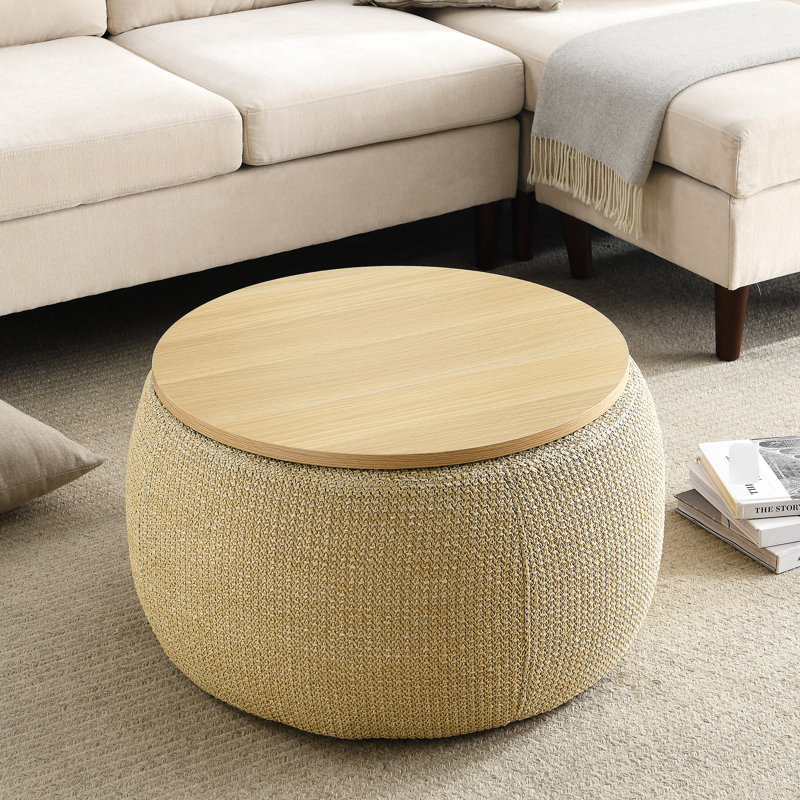 Round 2 In 1 Storage - Natural 25.5"X25.5"X14.5", Handmade, Plastic Upholstery, Sumptuous Fabric, For End Table & Seat Use, 23Lbs Weight, No Assembly Required Handmade 18Mm Top, Eucalyptus Wood