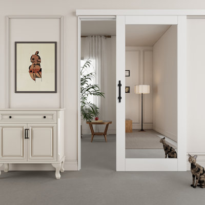 80" Hidden Style Track White Primed 1-Lite Glass Mirrored Sliding Barn Door With Hardware Kit with Soft Close(No Assembly Required)