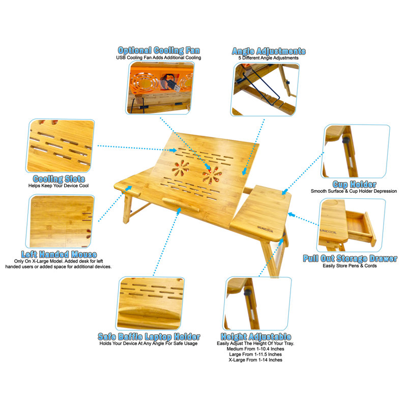 Plateau pour ordinateur portable inclinable et inclinable à hauteur moyenne en bambou à 8 angles avec ventilateur USB