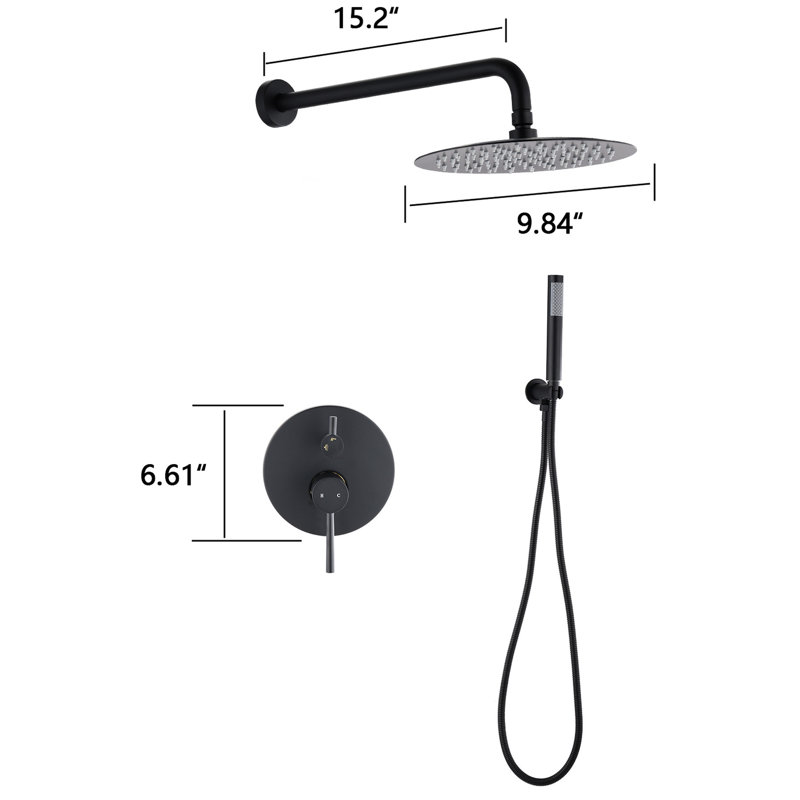 Douche murale noire matte avec têtes de pluie et à main de 10 po. Valve d'équilibre, poignée antidérapante. Rotative à 360 °. Débit de 1,8 gal / min. Bec pivotant. Tuyau américain compatible