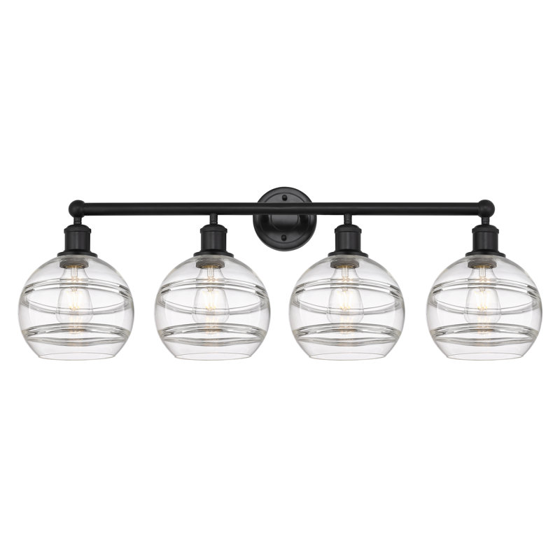 Éclairage pour meuble-lavabo à 4 lumières à intensité variable Chartoff, Transparent, Cuivre antique