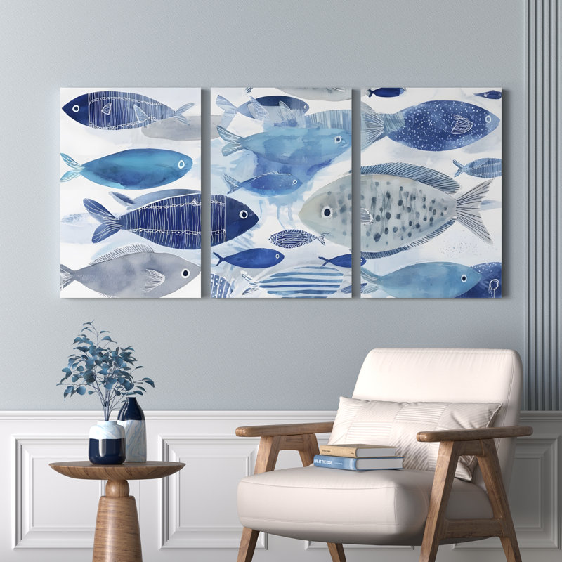 «Blue Fish», art mural enveloppé sur toile, motif côtier moderne (ensemble de 3), H 30 po x l 60 po