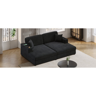 Canapé-lit modulaire 86,5 po avec deux ports USB, deux porte-gobelets et deux coussins décoratifs pour salon et chambre à coucher