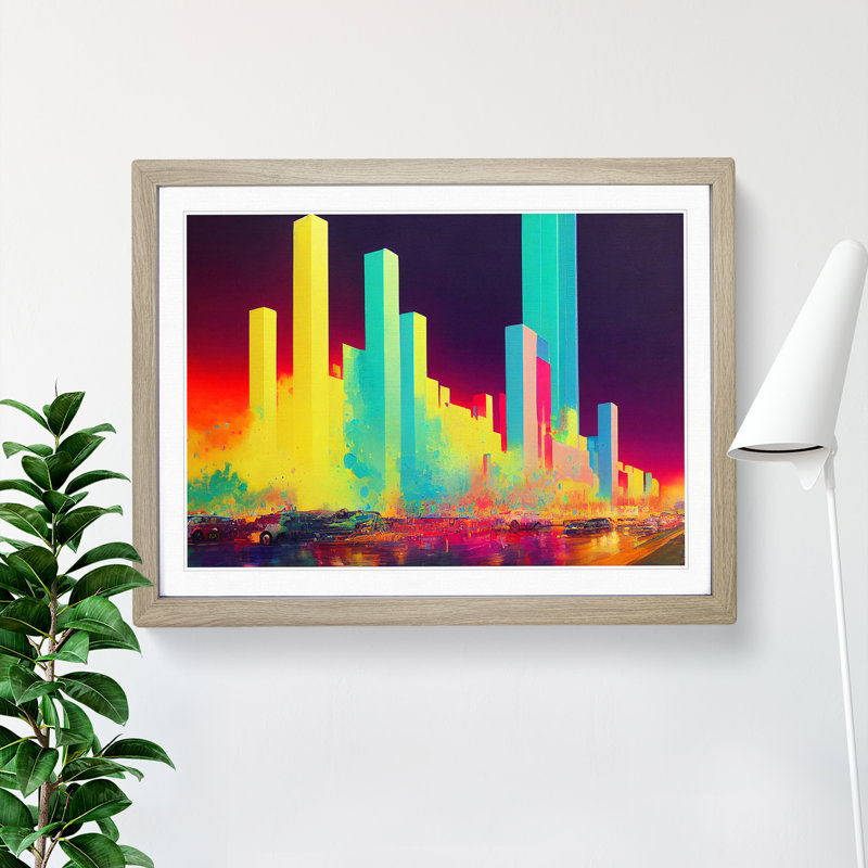 Dripping City Skyline Vol.1 Abstract 1 Piece Single Picture Frame Painting, 25cm H x 34cm W x 2cm D, Oak