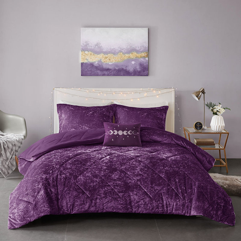 Édredon en velours mauve pour lit simple / simple TG, bourre et coussins décoratifs, Twin Comforter + 3 Additional Pieces