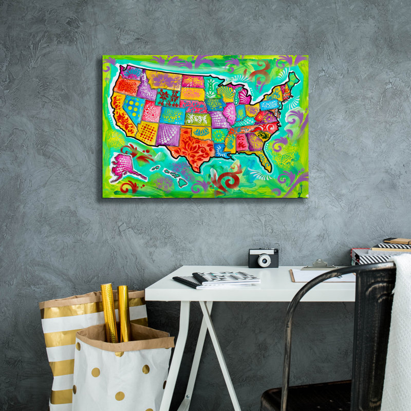 «Map Of Usa» par Dean Russo, art mural sur toile, H 18 po x l 26 po