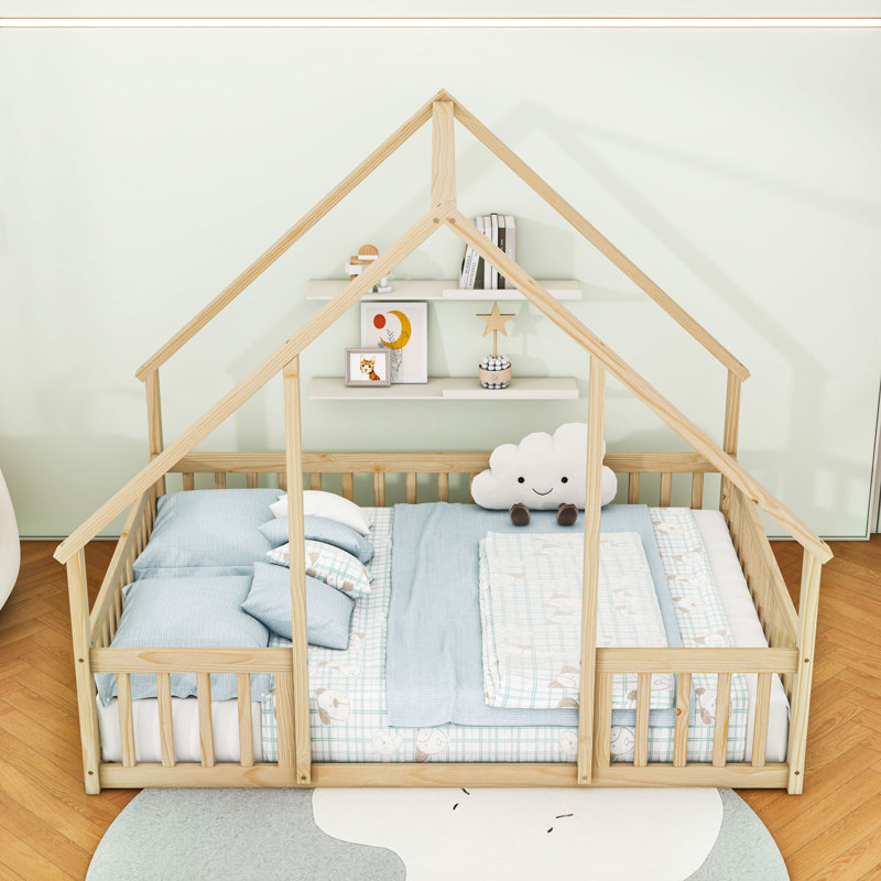 Wood House-Shaped Floor Bed With Construction And Guardrails, Natural, Full