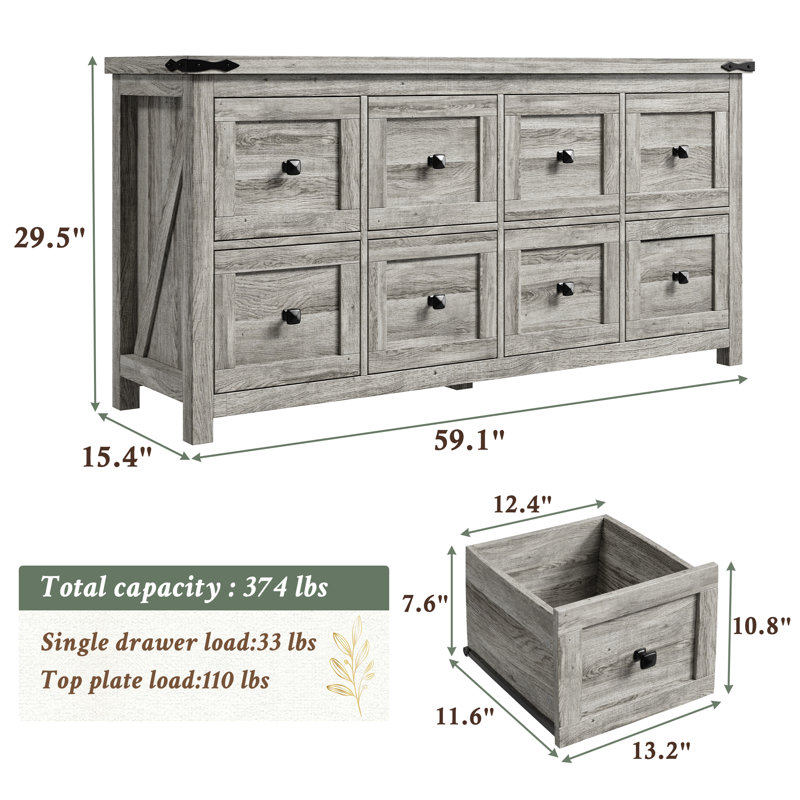 Commode double à 8 tiroirs Cueto, Pin gris