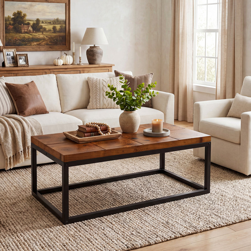 47.24" Solid Wood Coffee Table with Metal Base