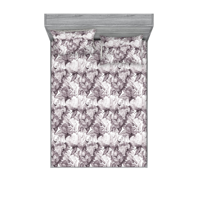 Drap-housse et taies décoratives 3 pièces Ambesonne, Bleu-mauve, blanc cassé / floral