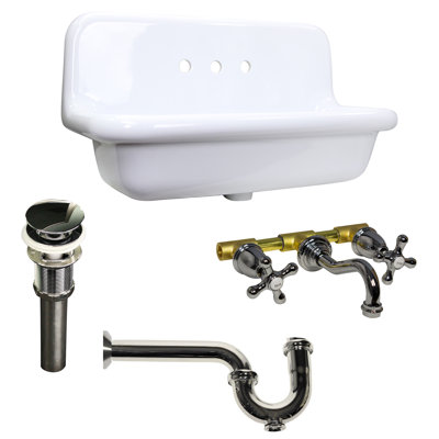 Fireclay Wallmount Bath Sink with Faucet, Drain and P-Trap Set